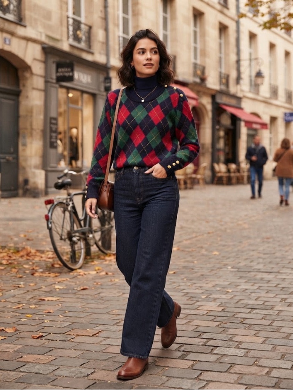 Tabi Navy Argyle Crewneck Sweater with Red & Green Diamonds